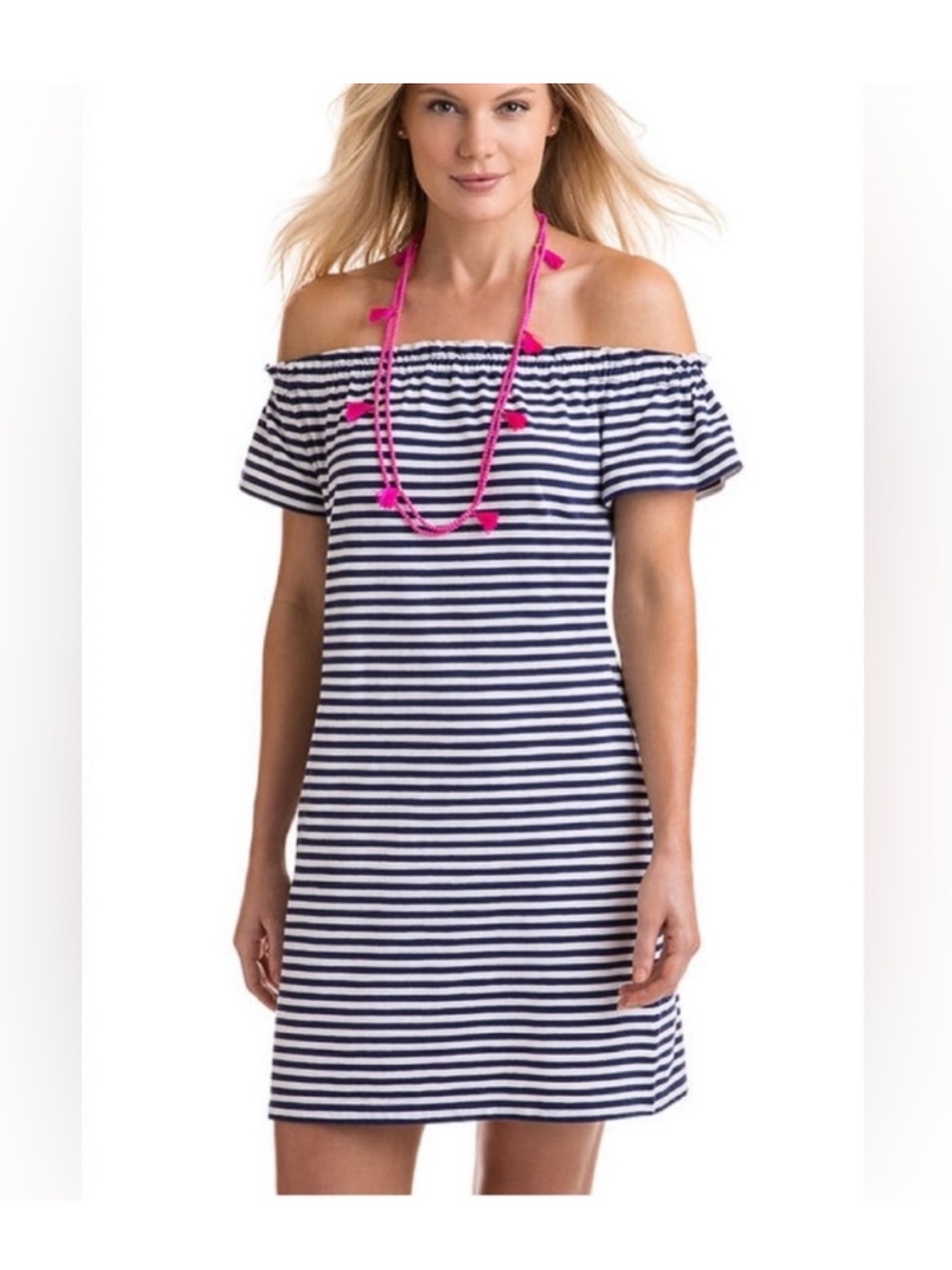 Vineyard Vines Navy and White Striped Off-Shoulder Dress
